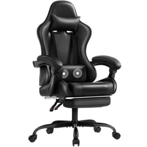 Leather Gaming Chair Carbon Fiber Massage Ergonomic Gamer Chair Height Adjustable Computer Chair with Footrest & Lumbar Support,Black